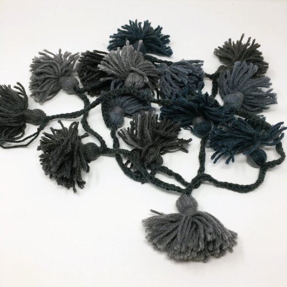 Handmade Grey Steel Blue Wool Tassel Crocheted Cord Folk Art Garland - Picture 3 of 16